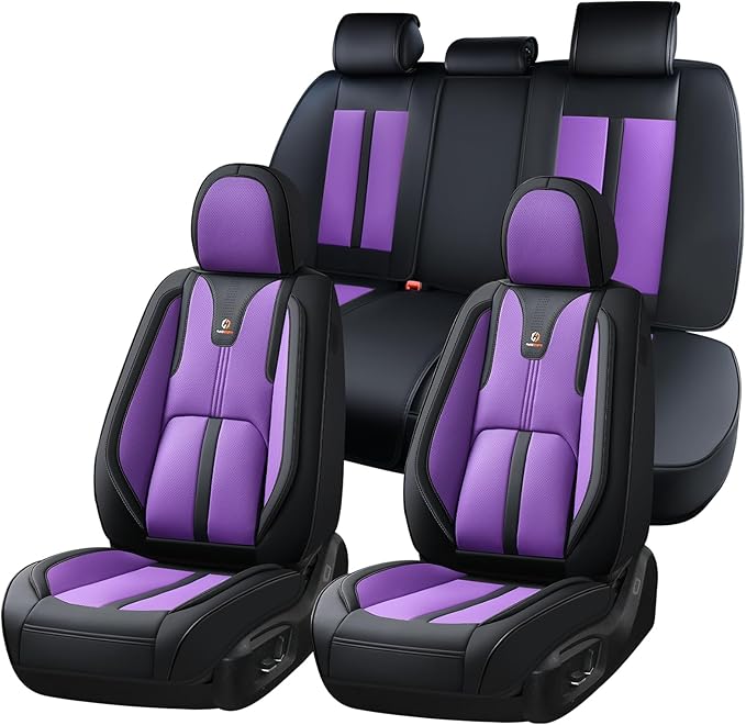Huidasource Leather Seat Covers Luxury Nappa Leather, Seat Covers for Cars with Velcro Adjustable, Airbag Lumbar Support Cooling＆Heating, Seat Covers for SUV Fit for Most Cars SUV Trucks, Black＆Purple