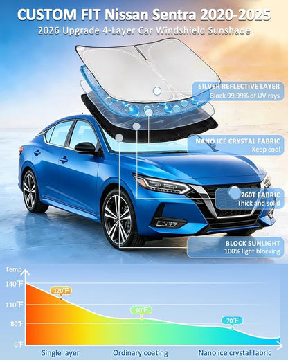 for Nissan Sentra 2020-2025 Windshield Sun Shade - 4 Layers Car Sunshades for Front Windows Shade Cover Custom Fit Sentra Sun Visor Retractable Shade Blocks UV Rays Car Accessories