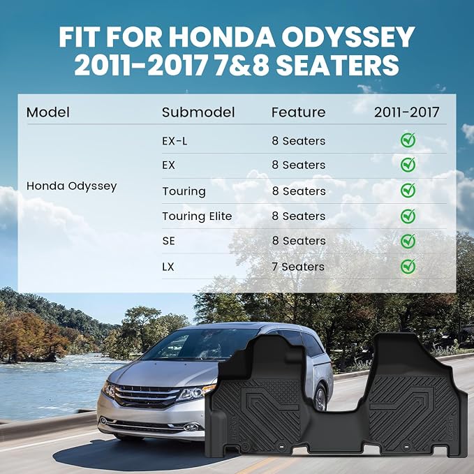 LASFIT Floor Mats for Honda Odyssey 2011-2017 (Fit 7& 8 Seaters) Mini Passenger Van, All Weather Custom Fit TPE Car Floor Liners, 1st & 2nd & 3rd Row, Black (EX-L/EX/Touring/Touring Elite/SE/LX)