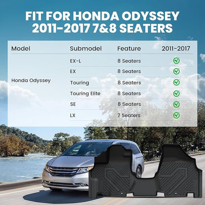 LASFIT Floor Mats for Honda Odyssey 2011-2017 (Fit 7& 8 Seaters) Mini Passenger Van, All Weather Custom Fit TPE Car Floor Liners, 1st & 2nd & 3rd Row, Black (EX-L/EX/Touring/Touring Elite/SE/LX)