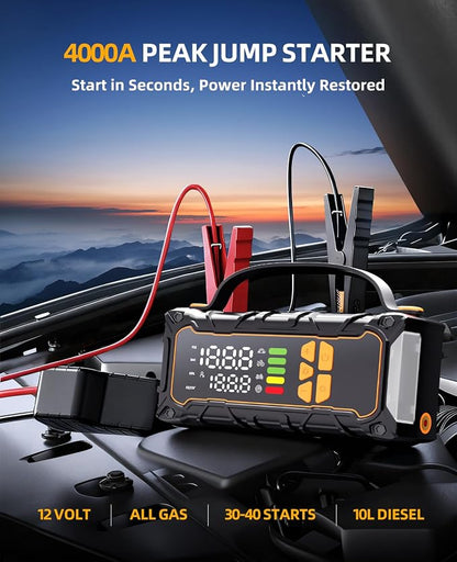 Battery Jumper Starter Portable, Jump Starter with Air Compressor-4000A 12V (7.0L Gas/ 6.0L Diesel) with 160PSI Tire Inflator, 10000mAh Jump Box Car Battery Jump Starter, Jumper Cables, LED Light