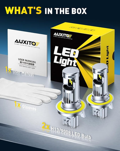 AUXITO H13 9008 Bulbs, 80000LM 6500K Cool White, Super Bright 15X Halogen, Plug and Play CANbus Ready No Flicker, Pack of 2