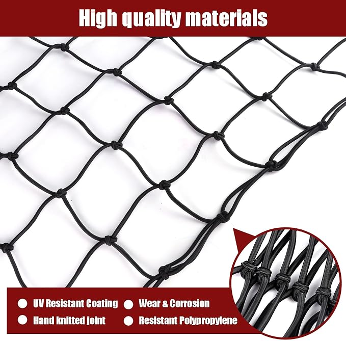 Heavy Duty Cargo Net for Pickup Truck Bed - 4' x 6' Stretches to 10' x 15' - Small 4"x4" Latex Bungee Net Mesh with 24 Clips - Compatible with Ford, Chevy, Dodge Ram, Toyota