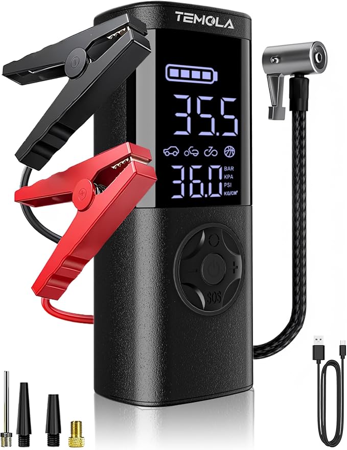 TEMOLA Portable Car Jump Starter with Air Compressor, 150PSI Car Battery Jump Starter, 12V Battery Jumper Starter Portable, Tire Inflator with LCD Display & LED Light for Gas and Diesel Vehicles