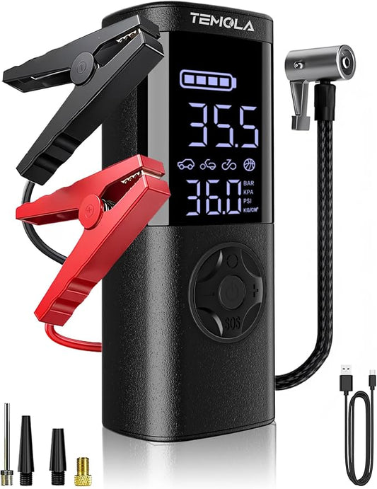 TEMOLA Portable Car Jump Starter with Air Compressor, 150PSI Car Battery Jump Starter, 12V Battery Jumper Starter Portable, Tire Inflator with LCD Display & LED Light for Gas and Diesel Vehicles