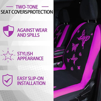 BBTO 43 Pcs Butterfly Car Seat Full Set Butterfly Car Accessories for Women 5 Front Rear Seat Covers Wrist Strap 2 Pcs Cup Mat Armrest Pad 2 Belt Xmas Cover Accessories for SUV(Purple, Black)
