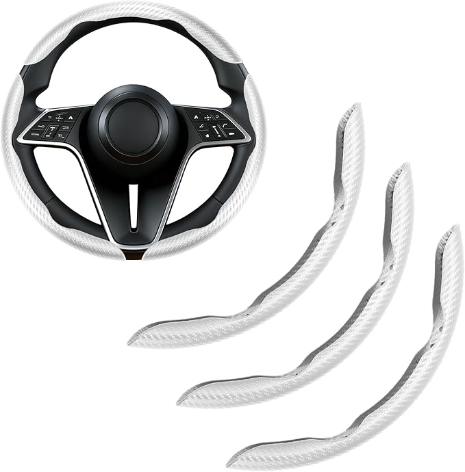 Carbon Fiber Steering Wheel Cover, 3-Piece Set Anti-Skid Comfortable Grip Segmented Butterfly Design, Easy Snap-On Installation Universal Fit 99% Cars, White