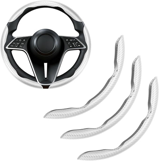 Carbon Fiber Steering Wheel Cover, 3-Piece Set Anti-Skid Comfortable Grip Segmented Butterfly Design, Easy Snap-On Installation Universal Fit 99% Cars, White
