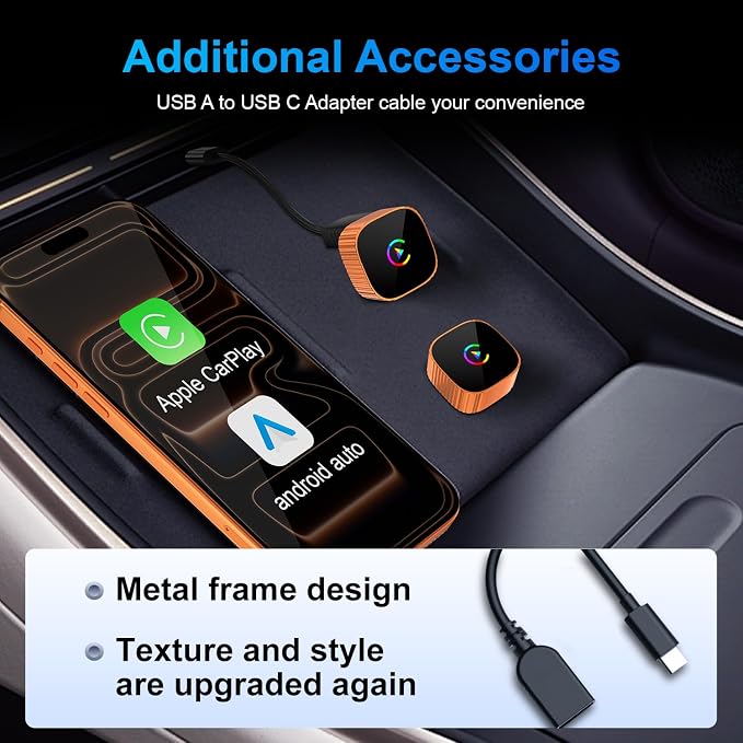 2-in-1 Wireless CarPlay for iPhone & Android Auto, Converts Wired to Wireless CarPlay, 2026 Upgrade, Faster & Stable Connection, Plug & Play, 1080P HD Display,Mini Size, Orange，USB-A & Type-C Port