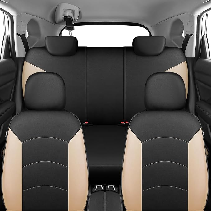 HChengkikz Car Seat Covers Full Set, Waterproof Neoprene Car Seat Covers, Airbag Compatible, Universal Automotive Seat Covers for Most Sedans, SUVs, Trucks (Black + Beige)