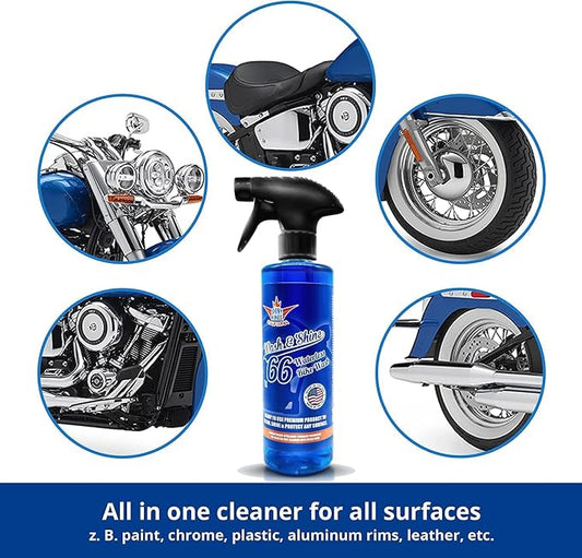 Shinykings Motorcycle Cleaner Wash&Shine 66 | WATERLESS BIke Wash with Ultra Shine Finish | Powerful Motorcycle Detailing Spray for All Surfaces | Bike Cleaner California | 16 fl.oz