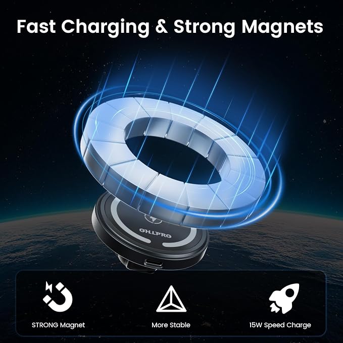 OHLPRO 15W Magsafe Car Mount Charger for iPhone 17, Fast Wireless Charging Magnetic CD Slot Holder with 3M Adhesive Base for Dashboard, Aluminum Shell, Compatible with iPhone 16 15 14 Series, Jetblack
