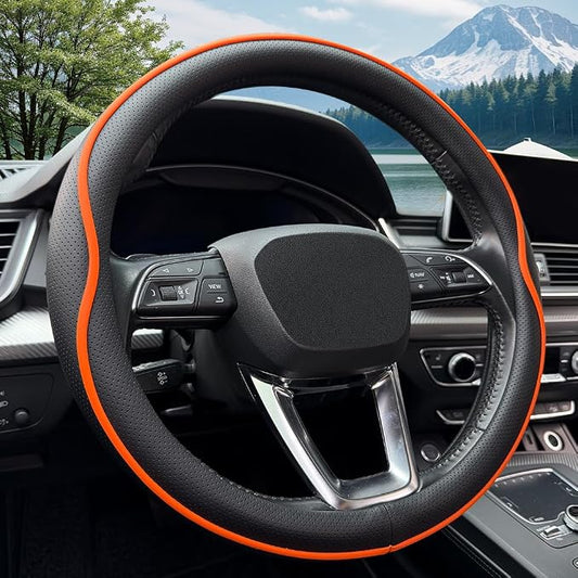 HAOTULE Leather Steering Wheel Cover， with Anti-Slip Stripe Design - Enhanced Grip, Fashion Style, Safe, Non-Slip, Breathable. Upgrade car Interior，Orange
