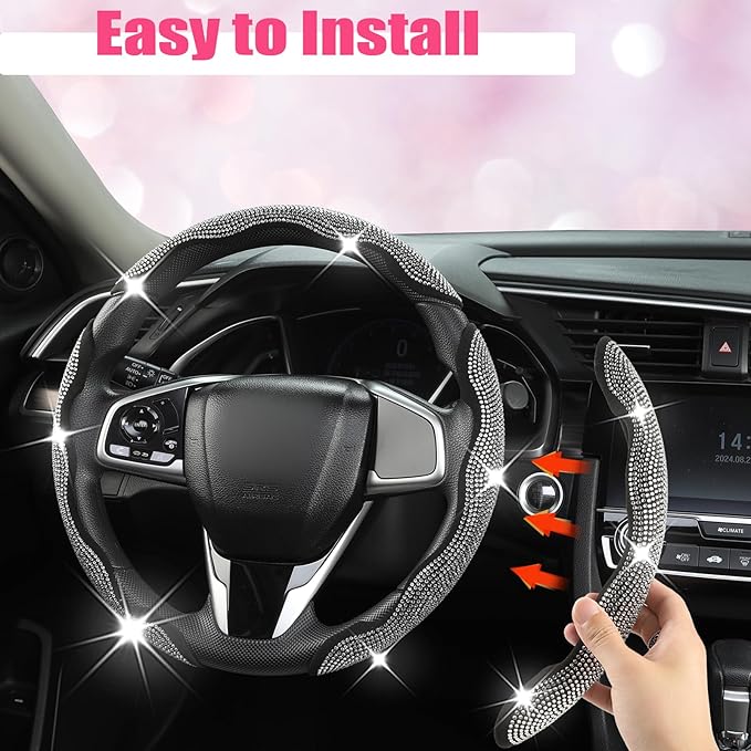 West Llama Diamond Bling Car Steering Wheel Cover with Crystal Rhinestones,3PCS Segmented Steering Wheel Protector,Universal for 99% Cars for Women(Black with White Diamond)
