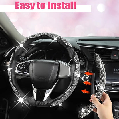 West Llama Diamond Bling Car Steering Wheel Cover with Crystal Rhinestones,3PCS Segmented Steering Wheel Protector,Universal for 99% Cars for Women(Black with White Diamond)