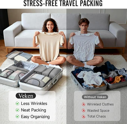 Veken 8 Set Packing Cubes for Travel Essentials, Suitcase Organizer Bags in 4 Sizes, Carry-On Luggage Accessories with Large Laundry & Hanging Toiletry Bag, Must-Have for Airplane, Road Trip & Camping