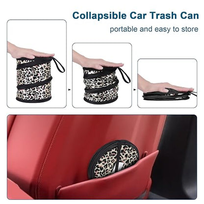 Car Trash Can, 2 Packs Mini Car Garbage Can, Collapsible Trash Bin | Pop-Up Trash Can for Front Back Seat, Portable Trash Bag Hanging for Vehicle SUV Rv Truck Accessories Interior, Leopard Print