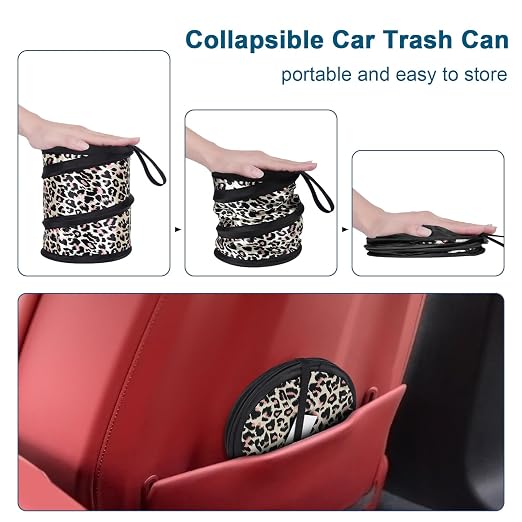 Car Trash Can, 2 Packs Mini Car Garbage Can, Collapsible Trash Bin | Pop-Up Trash Can for Front Back Seat, Portable Trash Bag Hanging for Vehicle SUV Rv Truck Accessories Interior, Leopard Print