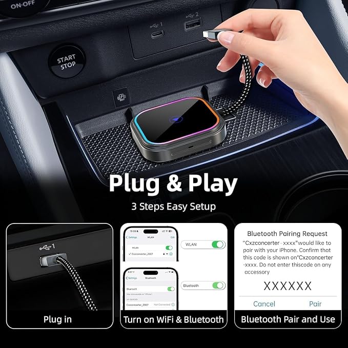Wireless CarPlay Adapter 2-in-1 for Lexus GX 460 Premium 2022 2023 2024 2025 2026, USB Design Plug and Play Bluetooth Fast Connection Car Accessories