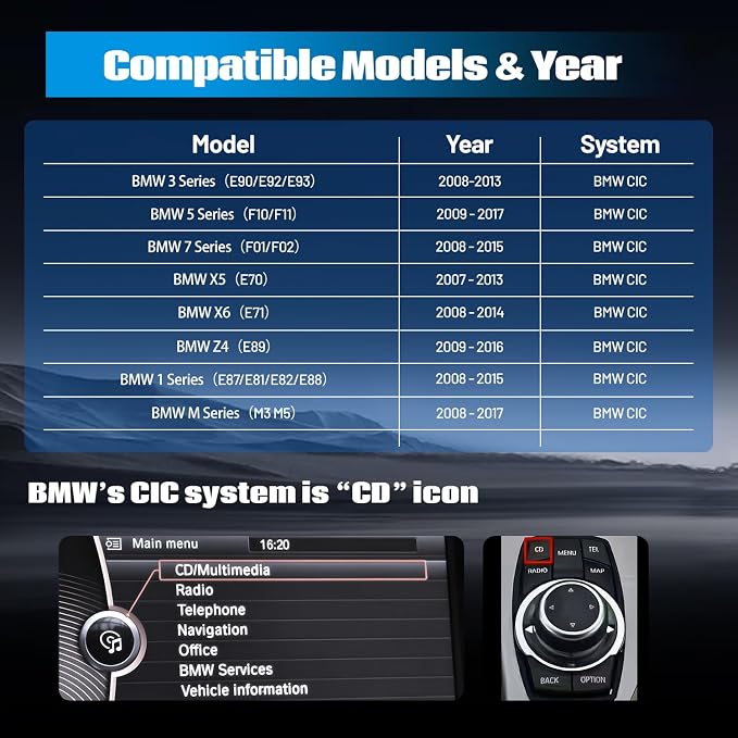 Wireless CarPlay Android Auto Retrofit Kit for BMW CIC System 1/2/3/4/5/7seriers X1/X3/X5/X6/E60/E61/E81/E90/F07/F10/F11/E84/E71/F25/E70 2008-2012,Support OEM Controls, Airplay Mirror,Reverse Camera