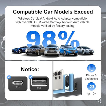 2025-New-Wireless-CarPlay-Adapter for Cars with Wired CarPlay/Android Auto 2 in 1,Instant Auto-Connect 5.8GHz WiFi USB/Type-C Plug and Play Compatible with iOS 10+ & iPhone 6+