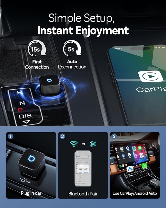 OTTOCAST Mini Slim Wireless CarPlay & Android Auto Adapter, USB-A/USB-C Dual Port, 5s Auto Connect, Plug & Play, Compact Design