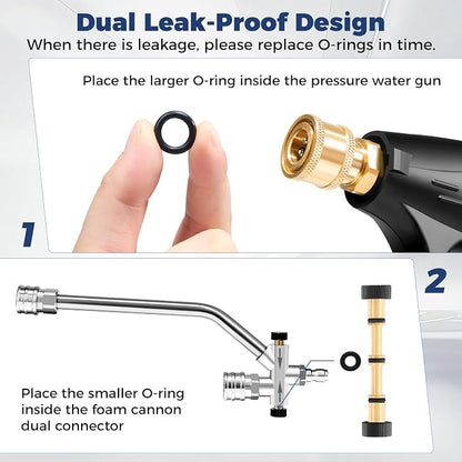 Foam Cannon Dual Connector for Pressure Washer, Industrial Car Wash Foam Gun Kit 1/4 Inch Quick Connector, Adjustable Soap Cannon with 5 Pressure Washer Nozzle Tips, Adapter, 1 Liter