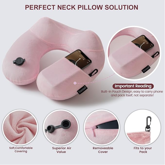 Keemall Inflatable Travel Pillow, Premium Soft Pink Velvet Inflatable Neck Pillow, Washable Lightweight Portable Travel Essentials for Flight Road Trip Camping Office, Travel Gift for Women Girls