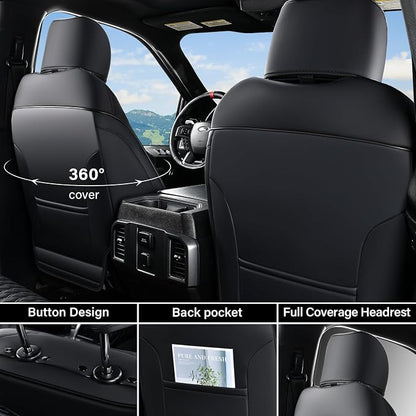 Coverado Leather Car Seat Covers Full Set, Dodge Waterproof Seat Covers for Car Fit for 2009-2018 Dodge RAM 1500, 2010-2024 2500 3500 Automotive Vehicle Seat Covers Protector for Trucks, Black