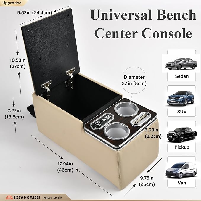 Coverado Car Center Console, Universal Rear Bench Seat Consoles, Back Seat Car Organizer, Seat Organizer with Cup Holder+Phone Holder, Central Armrest Box Back Seat Storage Box (Upgraded, Beige)