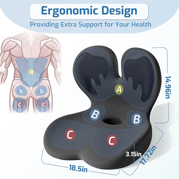 Seat Cushion,Office Chair Cushion with Lumbar Support,Memory Foam Car Orthopedic Cushion,Ergonomic Designed for Long Sitting,Tailbone & Back Pain Relief,Sciatica Pillow for Office,Car,Home Chair