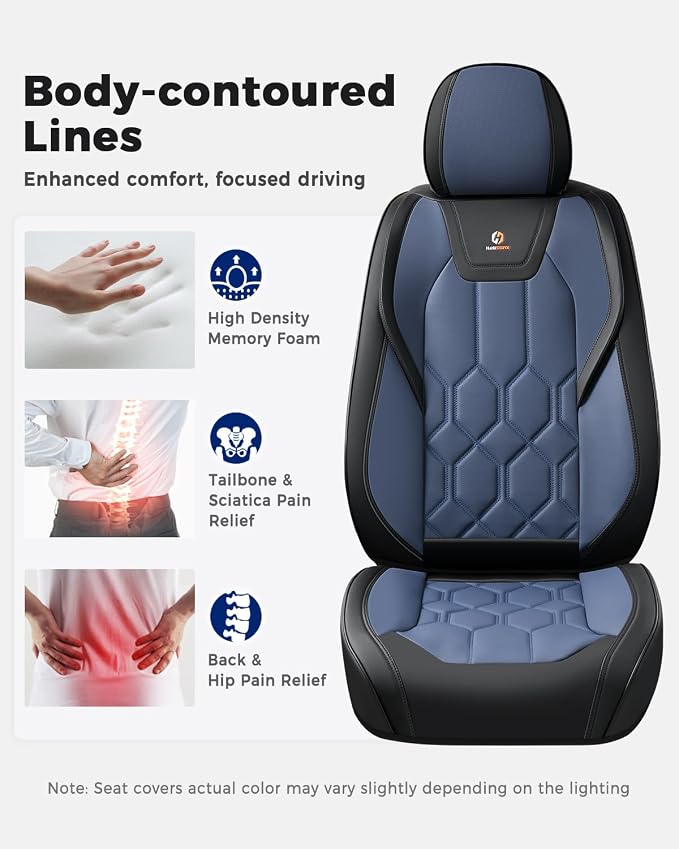 Huidasource Seat Covers Full Set, Universal Fit for Most Cars SUVs Trucks, Full Coverage Leather Seat Cover, Airbag, Cupholder Compatible, Seat Function Retain, Easy Install with Velcro, Black&Blue
