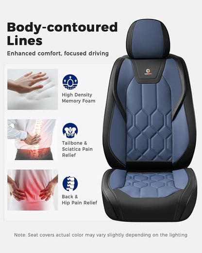 Huidasource Seat Covers Full Set, Universal Fit for Most Cars SUVs Trucks, Full Coverage Leather Seat Cover, Airbag, Cupholder Compatible, Seat Function Retain, Easy Install with Velcro, Black&Blue