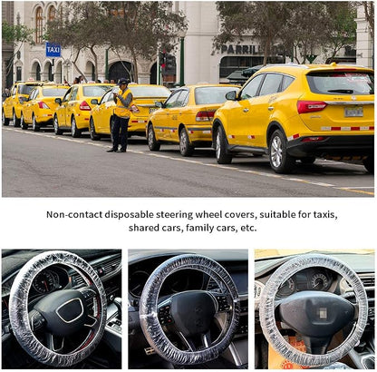 ICWEIMEI 500PCS Universal Disposable Steering Wheel Cover Plastic Transparent Car Steering Wheel Covers with Elastic Trims for Steering Wheels