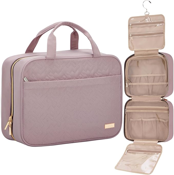 NISHEL Travel Toiletry Bag for women, Portable Hanging Organizer for Family-Sized Shampoo, Conditioner, Brushes Set, Makeup Accessories, Extra Large Size, Peach Pink
