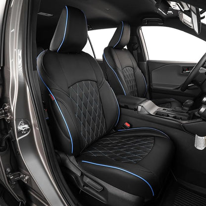 EKR Rav4 Seat Covers Custom Fit for Toyota Rav4 (Hybrid) SE/XSE & (PHEV) GR SPORT 2026, Car Seat Cover Full Set for Suv,Factory-Style Upgrade, Easy-Wipe Protection,Faux Leather(Black with Blue Piping)