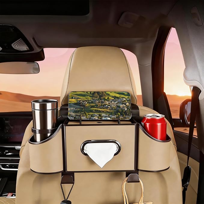 Back Seat Car Organizer,4 in 1 Multifunctional Car Back Seat Storage Box with Drink Cup Holder Tissue Box, for Hold Phone,Snacks, Drinks, Handbag-Meter
