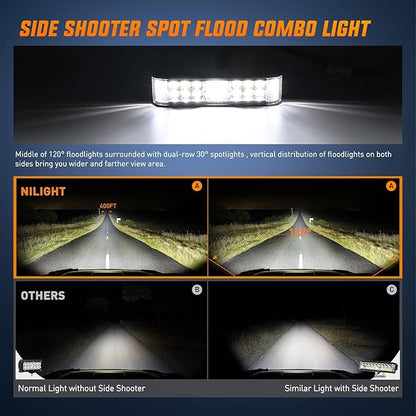 Nilight Side Shooter LED Light Bar / Pods 2PCS 6.5 Inch 60W Flood Spot Beam Combo Fog / Driving Light Work Light for Truck ATV UTV Boat, 2 Years Warranty