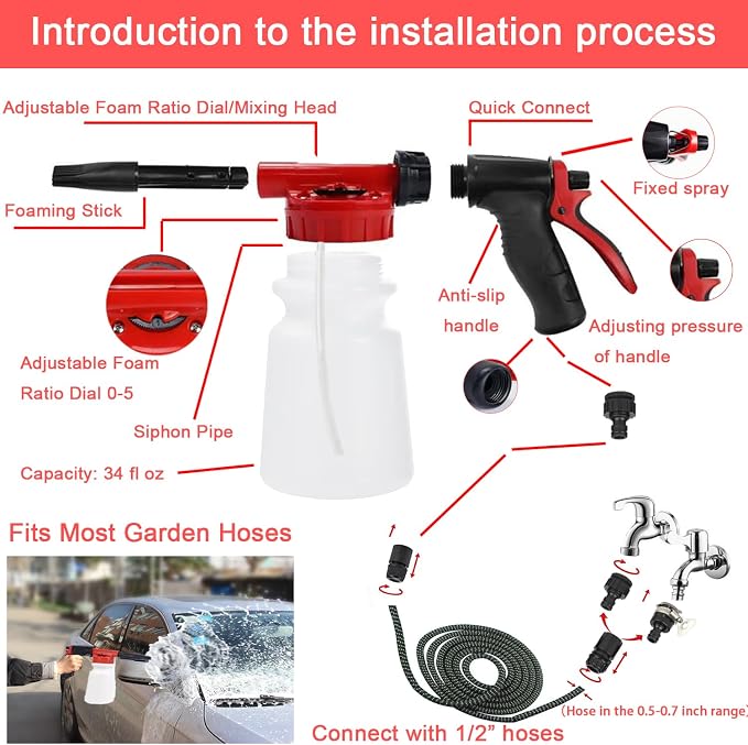 LIANXIN Car Wash Kit with Foam Gun, Car Cleaning, Car Wash Detailing Kit | Car Washing Kit High-Pressure Foam Spray Microfiber Collapsible Bucket Cleaning Detailing Brush Ideal for Home Car Detailing