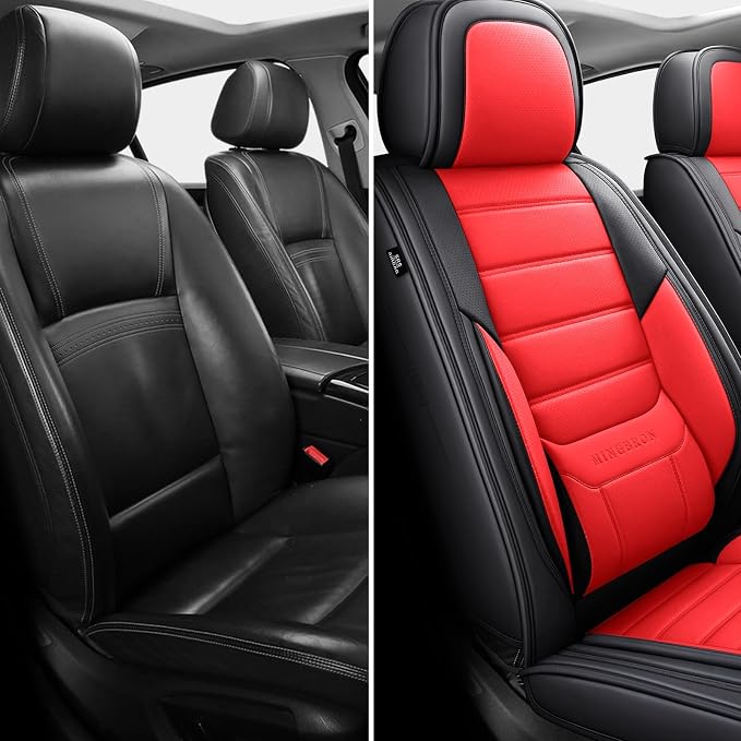 MINGBRON Car Seat Covers Full Set,Black White Car Seat Cover, Car Seat Protector Waterproof, Nappa Leather Car Seat Cushion Fit for Most Cars Red