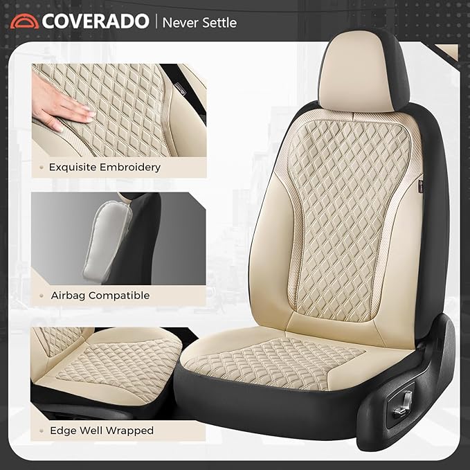 Coverado Front Seat Covers, 2-Pack Luxury Leather Car Seat Cover with Carbon Fiber Weave, Waterproof Car Seat Protectors, Spill-Proof Car Seat Cushion, Beige Seat Covers Universal Fit for Most Cars