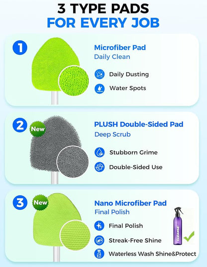 XINDELL Windshield Cleaner Tool – Car Interior Window Cleaning Kit with Extendable Handle & 4 Microfiber Pads, Auto Wiper Inside Windshield Brush for Car & Home Windows