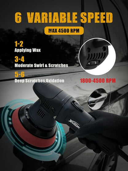 Buffer Polisher, 5-Inch 8MM Dual Action Random Orbital Car Polisher with 6 Variable Speed 1800-4500 RPM, Car Detailing Kit for Car Detailing Polishing and Waxing