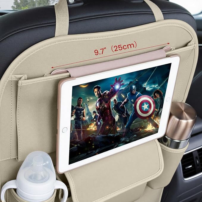 Viaviat Car Seat Organizers Waterproof Backseat Protector with Storage Pocket Large Leather Kick Mats for Kids Pets Automobile SUV Truck (Beige, Large Pocket)