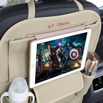 Viaviat Car Seat Organizers Waterproof Backseat Protector with Storage Pocket Large Leather Kick Mats for Kids Pets Automobile SUV Truck (Beige, Large Pocket)