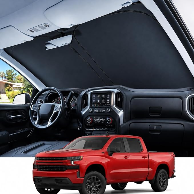 REEVAA Upgraded for Ch-evrolet Silverado 1500 (2026-2019) Windshield Sunshade [Tailored Fit, 99% Sun Protection] Foldable Sun Shade Car Accessories with Storage Bag