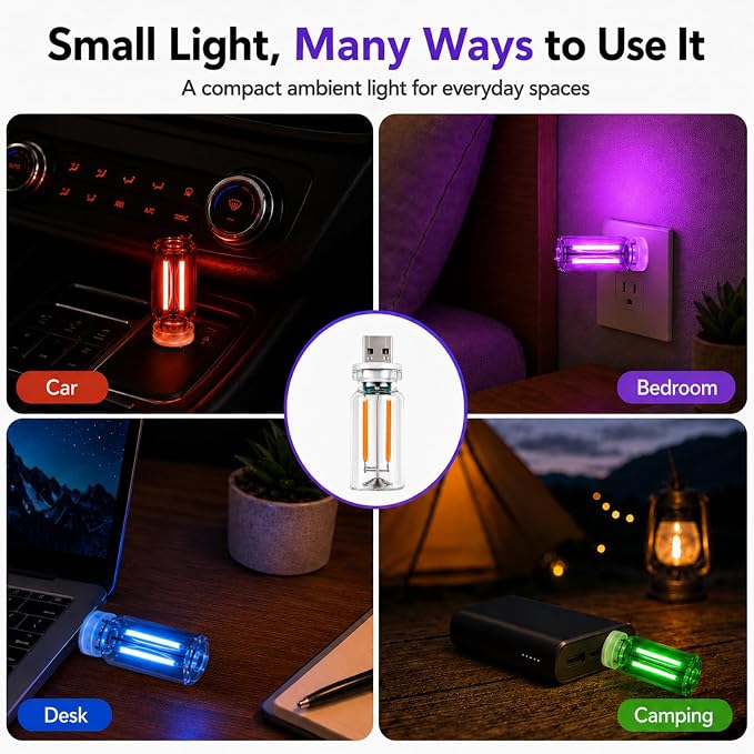 4PCS Dimmable USB Touch Control Led Night Lights, Glass Plug in USB Light Bulbs, Cute Interior Car Lights, Retro Led Ambient Lighting, Small Mood Lamp for Bedroom, Hallway, Nursery, Camping