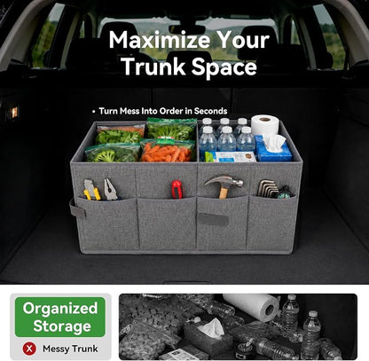 PAT SAM'S Car Trunk Organizer for SUV, Foldable Collapsible Storage Organizer with Dividers, Non-Slip Waterproof 600D Oxford, Backseat & Trunk Storage for Groceries, Tools, Toys (Gray)