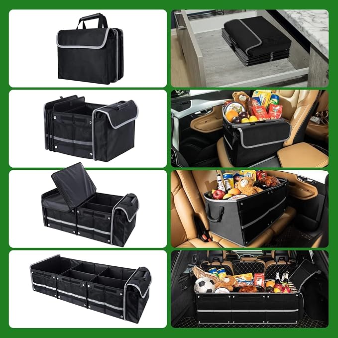 Snuopfy Car Trunk Organizer,115L Heavy Duty Collapsible Trunk Storage, with Insulated Leakproof Cooler Bag Vehicle Cargo Organizer with Lid, 3 Compartments, Straps For Car,Suv,Jeep,Sedan-Black