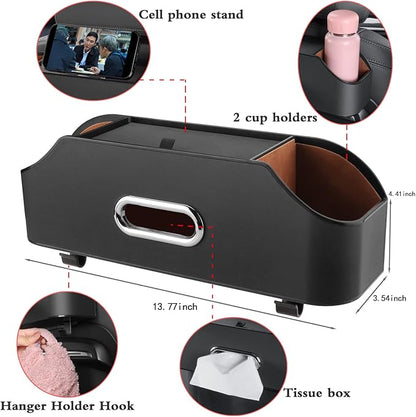 HOLDCY Car Back Seat Organizer with 2 Drink Cup Holder - Tissue Box and Storage Box Hook - Multi-functional Storage - Great for Kids and Travel (Black)